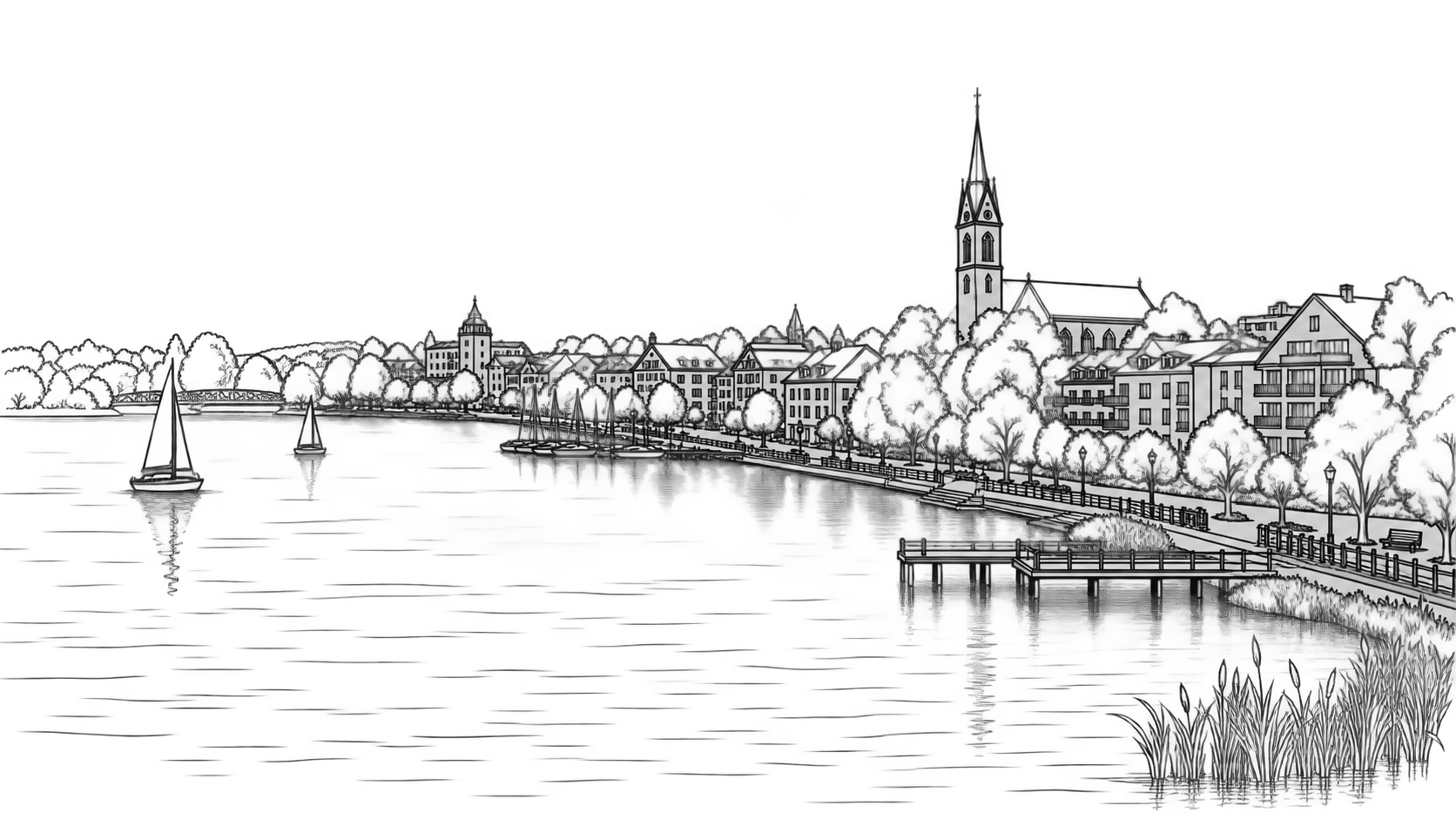Wizualizacja, szkic panoramy centrum Ełku z uwidocznionym jeziorem w centrum miasta
